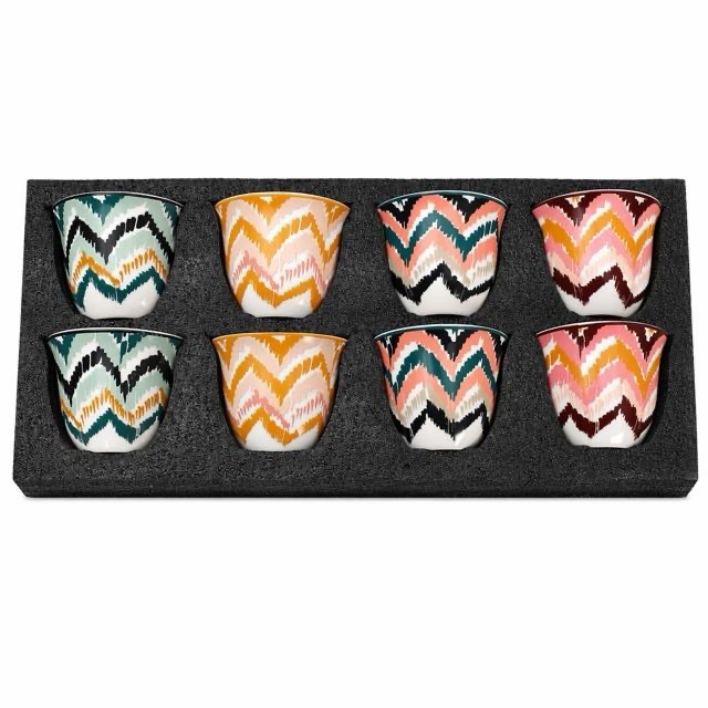 Boho Chevron Wave Print Ceramic Teacup 8 Piece Gift Set for Tea and Espresso