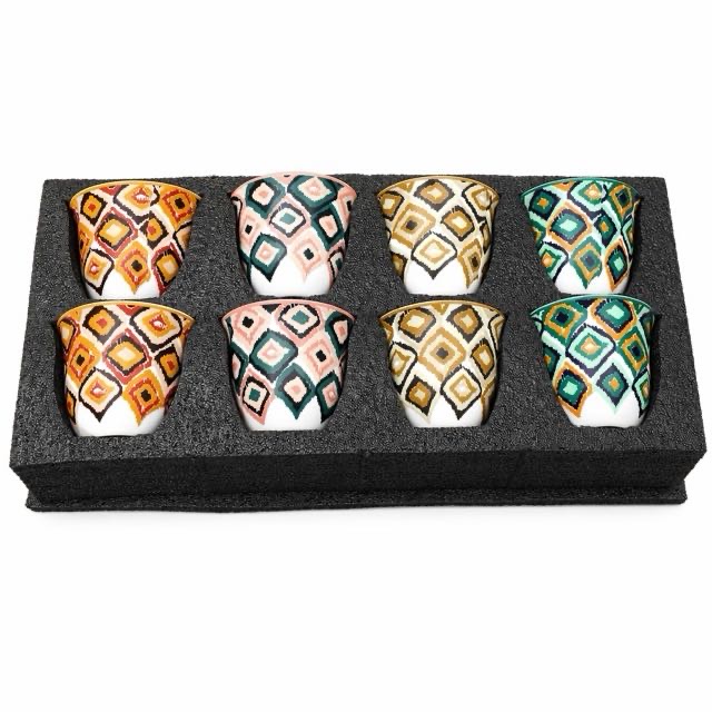 Boho Geometric Diamond Print Ceramic Teacup 8 Piece Gift Set for Tea and Coffee