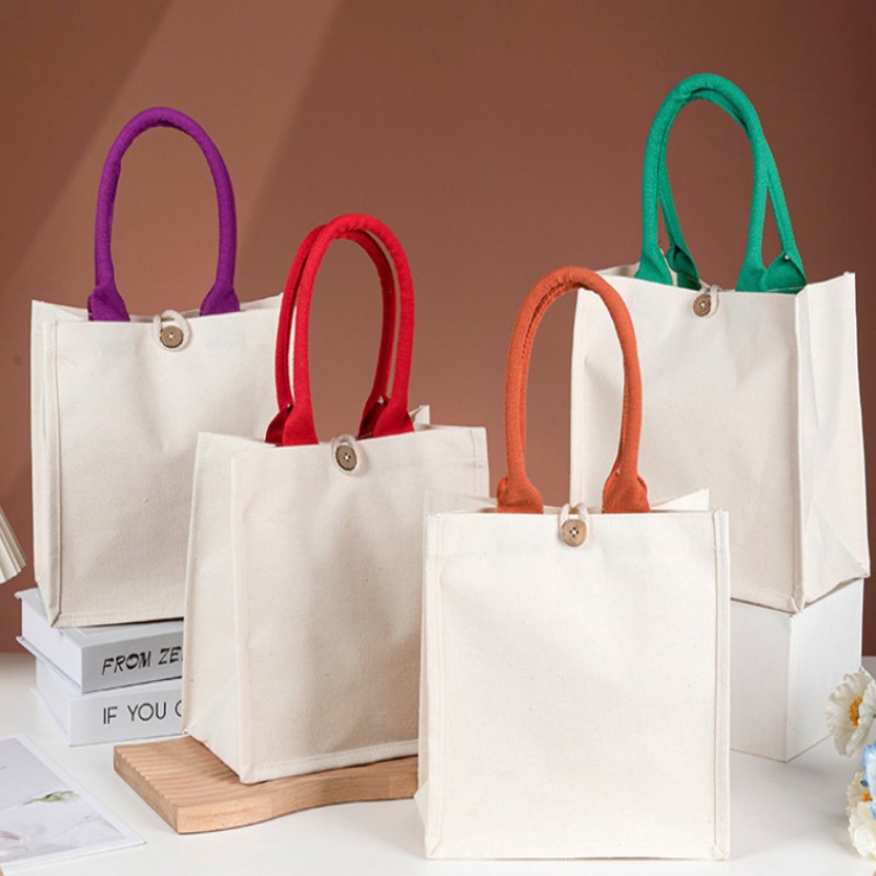 Contrast Handle Canvas Tote Bag with Wood Button