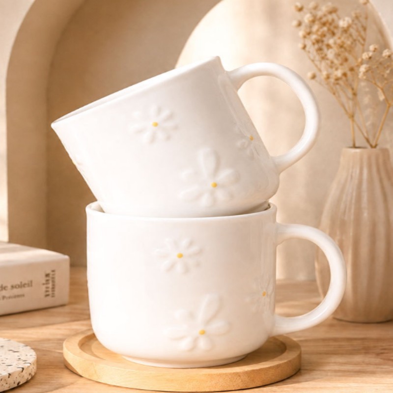 Embossed Daisy Ceramic Coffee Mug