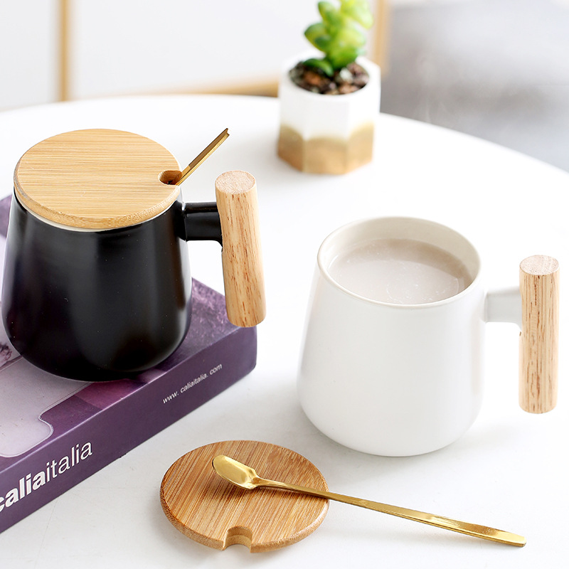 Matte Ceramic Mug Wood Handle Lid Spoon Home Gift