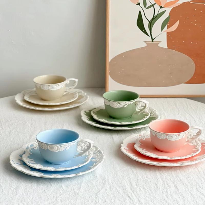 Retro Embossed Rose Ceramic Cup For Party Gift