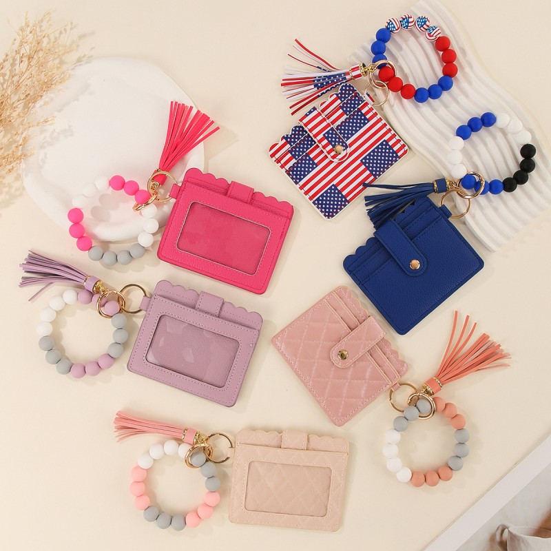 Silicone Bead Bracelet PU Card Holder Keychain
