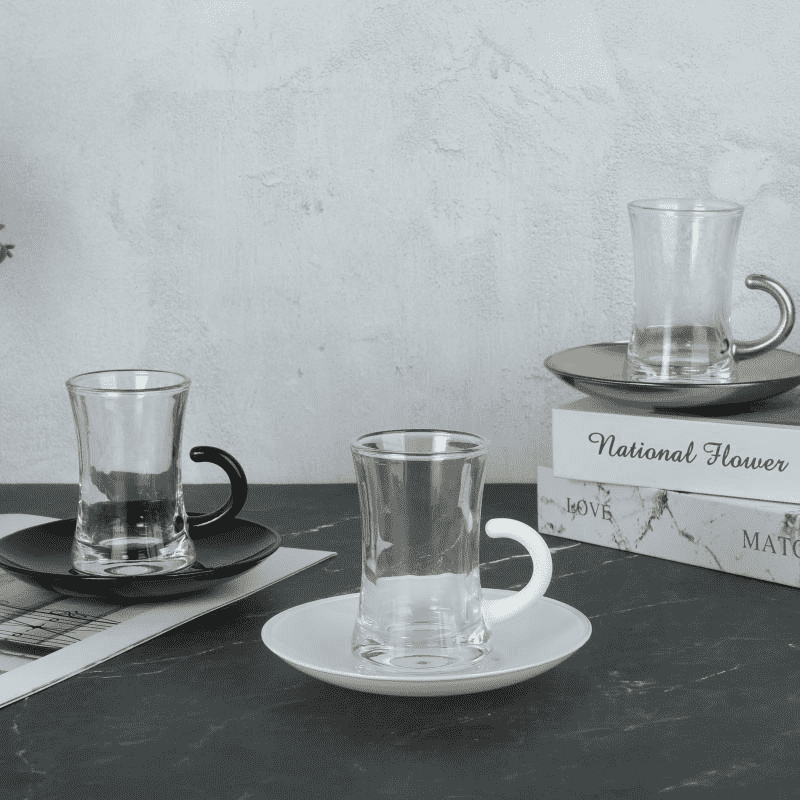 Turkish Style Curved Handle Glass Tea Cup and Saucer Set