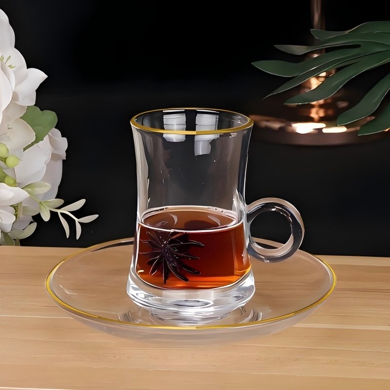 Vintage Printed Ring Handle Glass Tea Cup