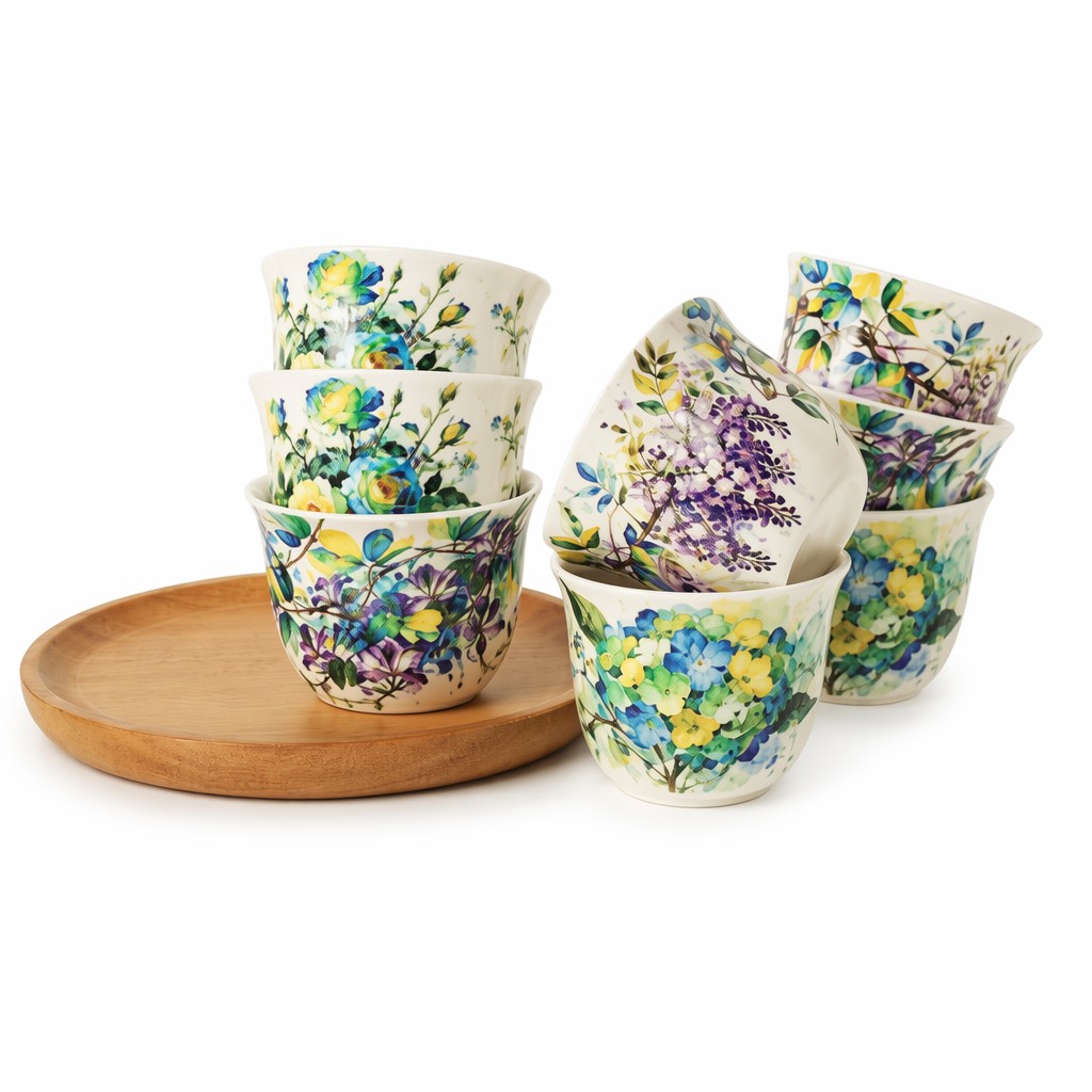 Watercolor Floral Print Ceramic Teacup 8 Piece Gift Box Set for Tea Serving
